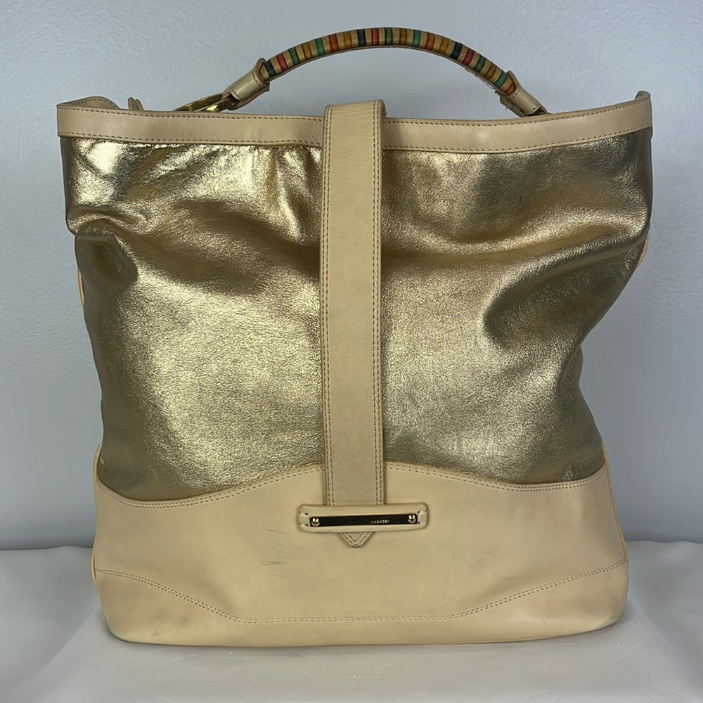 Casadei Cream & Gold Tone Purse with Striped Handle & Gold Tone Hardware